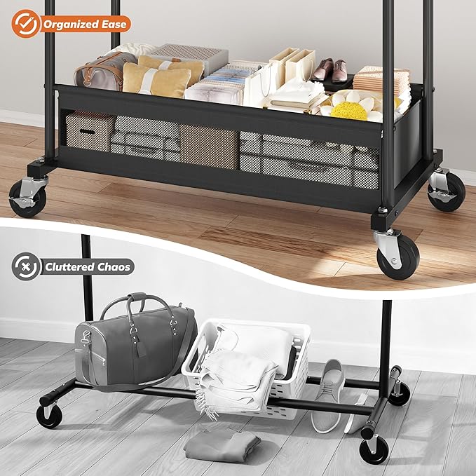 Clothes Rack Clothing Racks for Hanging Clothes, Rolling Clothes Rack Portable Clothing Rack, Double rod clothing rack with Storage Basket, Garment rack for Bedroom, Laundry Room, Black