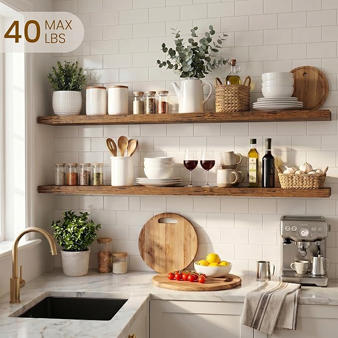 Dreamland Floating Shelves for Wall, Rustic Brown Floating Shelves for Bathroom|Bedroom|Kitchen, Deep Wall Mounted Book Shelf, Wood Storage Display Shelf for Home Decor, Set of 2