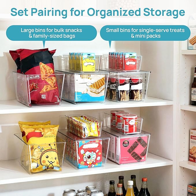 Vtopmart 8 Pack Clear Plastic Storage Bins with Lid Set, 4 Large and 4 Small Pantry Organizers and Storage Bins with Handle, Storage Containers for Pantry, Kitchen, Fridge, Cabinet Organization