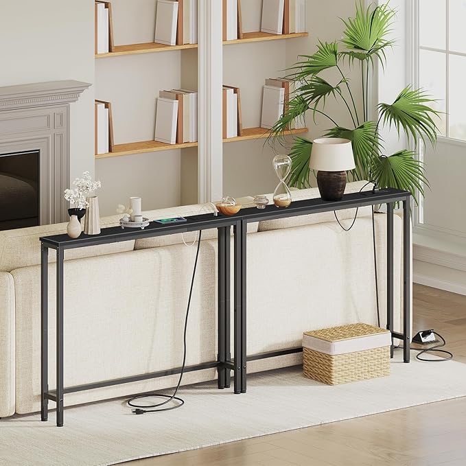HOOBRO 39.4 Inch Narrow Console Table with Power Outlets, 5.9 Inch Sofa Table with Storage, Skinny Behind Couch Table, for Entryway Hallway, Small Spaces, Black BB52UXG01G1