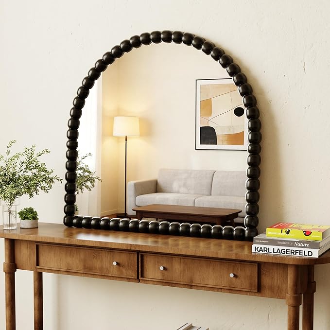 31"×32" Bronze Arched Bathroom Vanity Mirror, Vintage Beaded Decorative Wall Mounted Makeup Mirror, as Wall Decor Hanging Leaning for Fireplace Mantle, Living Room, Bedroom, Vanity Area