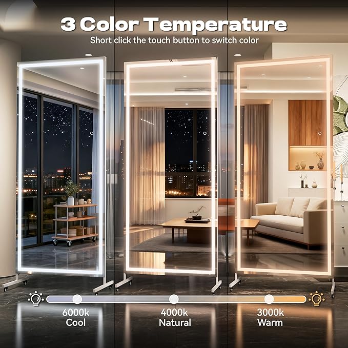 Hasipu 79" x 40" Full Length Mirror on Wheels with LED Light — Dimmable Warm/Natural/Cool, Shatterproof Tempered Glass, Wall Mountable, Rolling Dressing Mirror for Home Gym, Makeup, Yoga, Studio