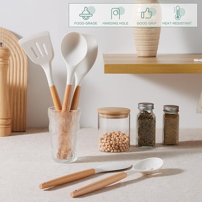 E-far Silicone Cooking Utensils Set, 446℉ Heat Resistant 10PCS Kitchen Utensils Set with Wooden Handle for Nonstick Cookware, Kitchen Tools Spatula Whisk Tongs Ladle, Non-toxic & Healthy, White