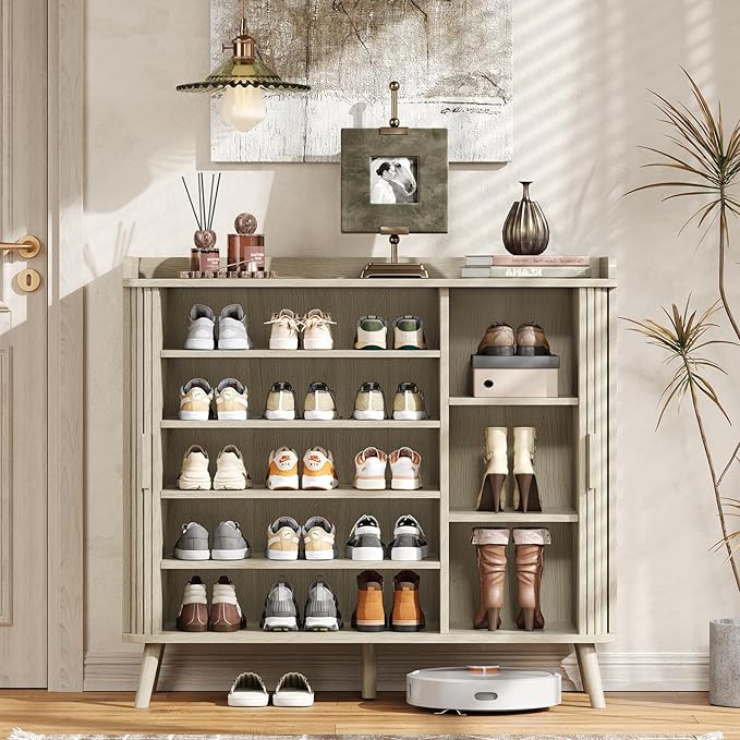 ONBRILL Shoe Cabinet with Sliding Door, 5-Tier Hidden Shoe Rack with Adjustable Shelves, Wooden Shoe Storage Organizer with Open Bottom Space, Freestanding Shoe Shelf for Entryway (Natural White)