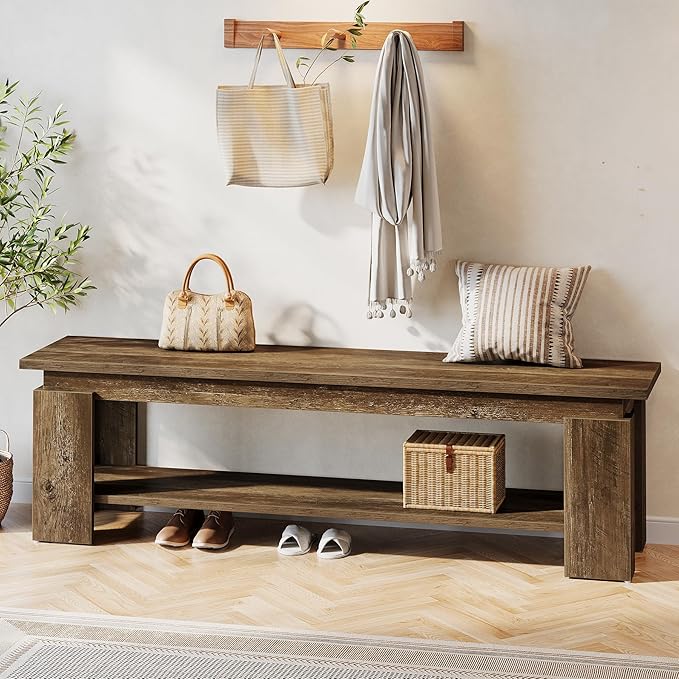 Tribesigns 63" Long Entryway Bench, Rustic Wooden Shoe Bench with Storage Shelf, Farmhouse End of Bed Bench for Hallway, Living Room, Mudroom, Brown
