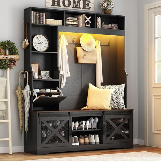 75''H 59''W Large LED Farmhouse Hall Tree with Bench and Shoe Storage,Entryway Bench with Coat Rack,16 Shoe Cubbies & Umbrella Holder and Sock Storage Drawer,Mudroom/Hallway Storages Cabinet(black)