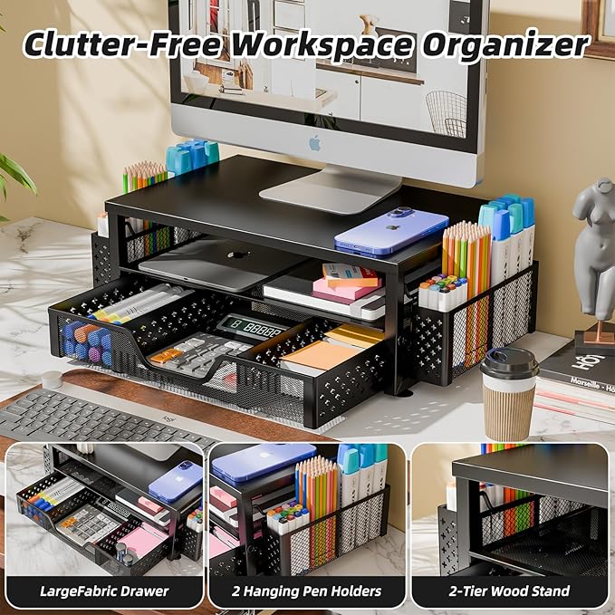 Simple Trending Desk Organizer and Accessories, 2-Tier Computer Monitor Stand Riser with Drawer and Pen Holders – Metal Latop Stand for Home Office, Black