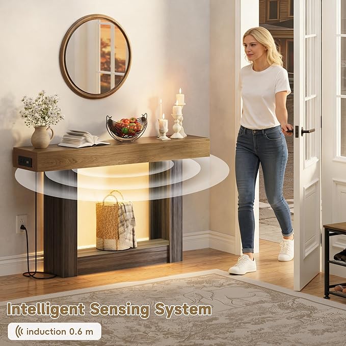 LIFECHOVY 47.2" Farmhouse Wood Entryway Table with Outlet, 2-Tier Console Table with Sensor Light Behind the Couch Sofa, Entrance Side Table for Hallway/Living Room/Foyer, Natural Oak&Grey