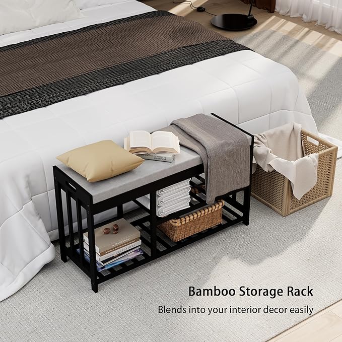 APRTAT 3-Tier Bamboo Shoe Rack Bench, Shoe Storage Organizer Bench, Entryway Benchs, Shoes Rack for Front Door Entrance, Entryway Bathroom Bedroom (Black, Large)