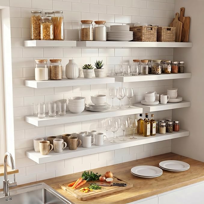 Venusmiles Floating Shelves for Wall, 24 Inch Floating Shelves Set of 2, 6.5" D Wooden Wall Mounted Display Shelves with Invisible Brackets for Living Room, Bedroom, Bathroom, Kitchen Decor, White