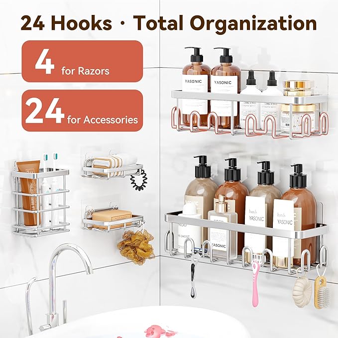 YASONIC Shower Caddy Adhesive 5-Pack, Rustproof Shower Organizer with Holder, No Drilling Shower Shelves for Inside Shower, Large Capacity Bathroom Organizers and Storage for Home & Renters, Silver