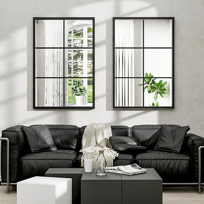 Dewfig Rectangle Wall Mirror, Window Mirror Wall Mounted, 24"x36"in Window Pane Mirrors, Large Black Mirrors for Hanging or Leaning Against Wall Bedroom Vanity Living Room Fireplace Entryway,Black