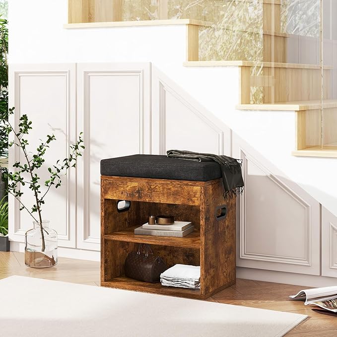 YMYNY Small Shoe Storage Bench with Cushion and Drawer, 2 Tier Adjustable Entryway Bench with Storage, Wooden Shoe Rack Bench for Entryway, Living Room, Hallway, Closet, Bedroom, Rustic Brown, HSC002H