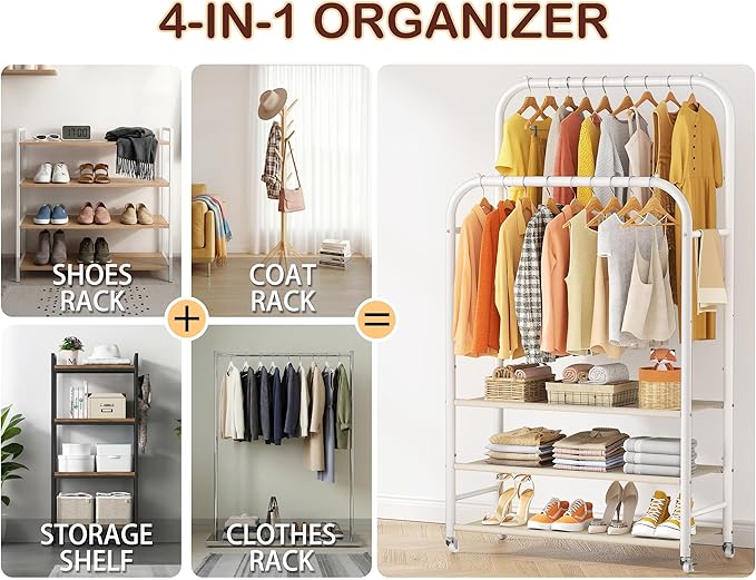 HOMIDEC Double Rods Clothes Rack Clothing Rack with 3 Tier Storage Shelves Clothes Rack for Hanging Clothes Multifunctional Heavy Duty Clothes Organizer for Bedroom,Wardrobe Closet,Shop,White