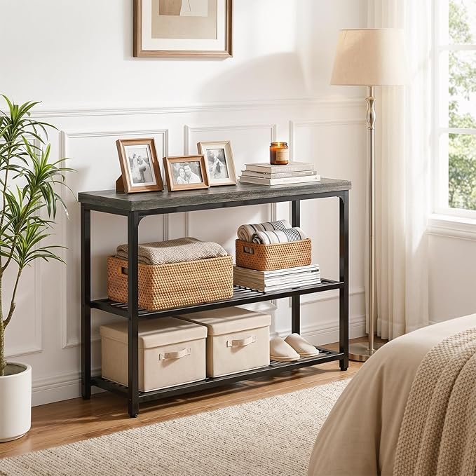 Besiost 32" Small Console Table with 3-Tier Storage, Industrial Narrow Entryway Table, Sofa Table Behind Couch for Hallway, Foyer & Living Room, Sturdy Metal Frame, Oak Grey