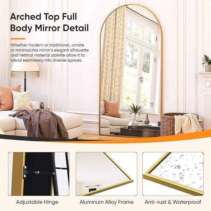 Suidia Full Length Mirror, 78"x38" Floor Standing Mirror Freestanding, Full Body Mirrors with Stand for Bedroom, Hanging Mounted for Living Room Cloakroom, Gold, Arched Style