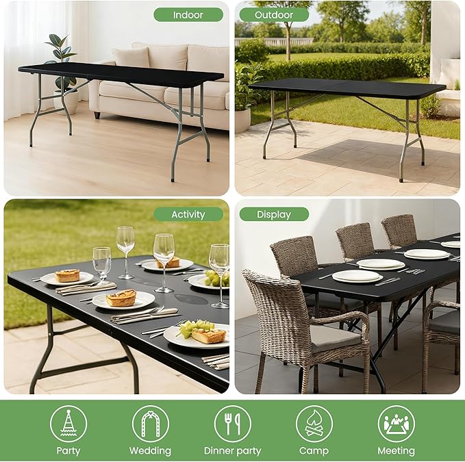 Folding Table 6FT Portable Heavy Duty Plastic Table with Carrying Handle Fold-in-Half Utility Foldable Tables for Parties Wedding Events Dining Indoor Outdoor Picnic (Black)