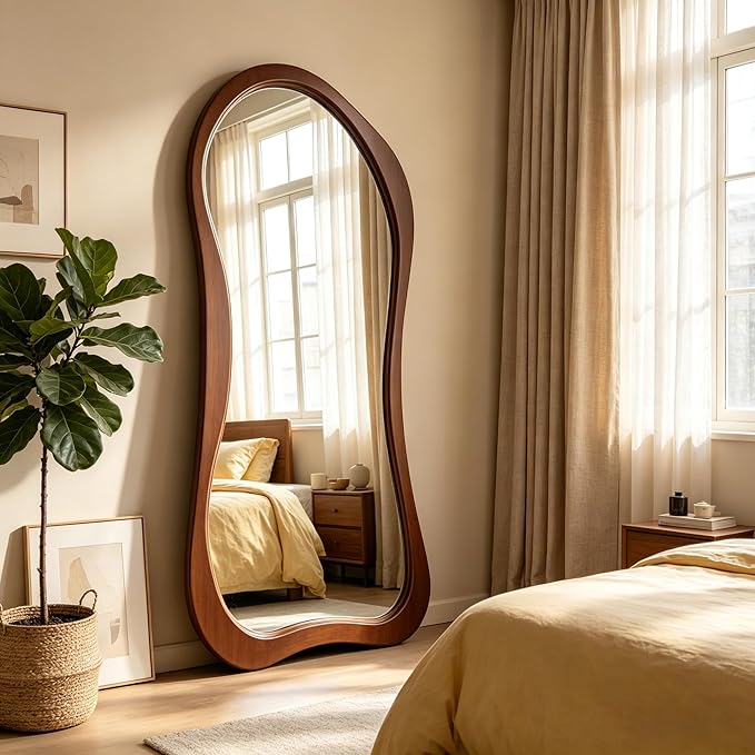 Large Irregular Mirror, 67"x31.5" Organic Floor Mirrors with Solid Wood Frame, Asymmetrical Full Length Mirror for Living Room Entryway Hallway Bedroom Cloakroom, Leaning/Wall-Mounted