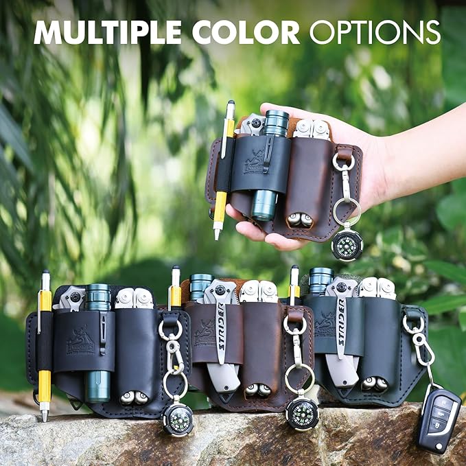 FLYHOMES Genuine Leather Multitool Sheath | Handmade Stitched EDC Belt Organizer for Leatherman Surge | Flashlight, Knife Holster, Pen & Tools Pouch | Dark Green (Large)