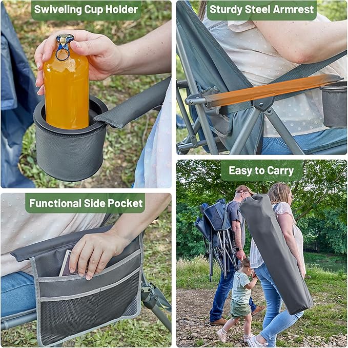 Timber Ridge Oversized Camping Chair with Lumbar Support, Portable Folding Chair Heavy Duty for Adults Supports 450 LBS for Outdoor Camping Lawn, with High Back, Cup Holder, Side Pocket, Grey