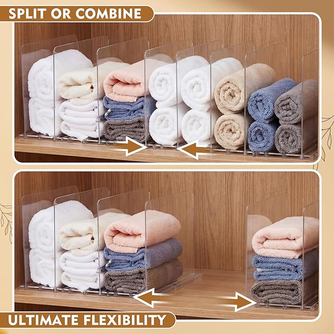 LEIFIDE Interlocking Towel Organizer Set Adjustable Clear Towel Storage Shelf for Bathroom, Plastic Dividers Storage Holder Organizer for Home, Bathroom, Cabinet, Closet, Space Saving