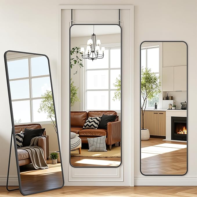 Antok 58''x 20'' Full Length Mirror Over Door, 4-in-1 Standing Leaning Wall Mounted, Adjustable Hanging Mirror for Bedroom Living Room, Black, Rounder Corner