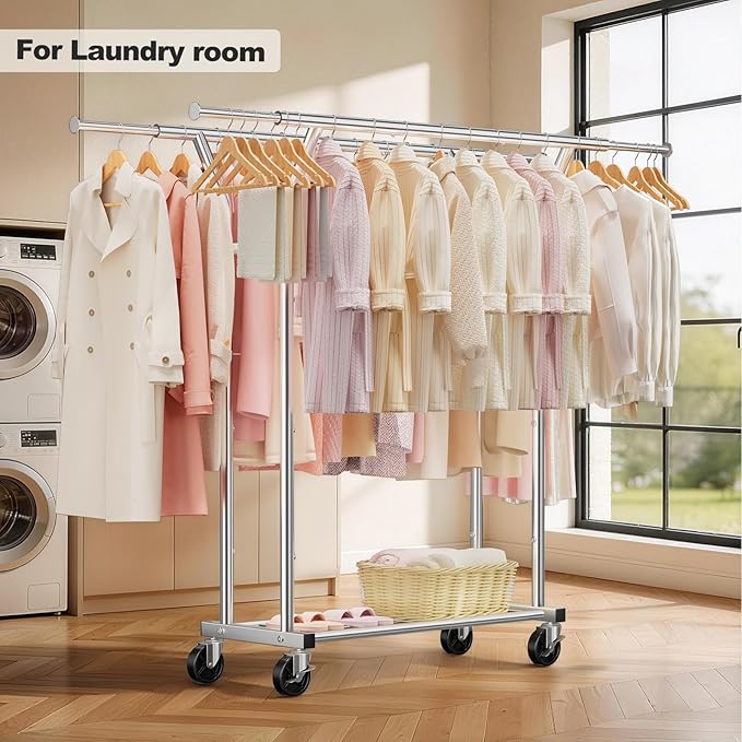 Heavy Duty Clothes Rack - Load 620 LBS, Rolling Clothing Rack for Hanging Clothes with Lockable Wheels & Shelves, Extendable Double Rod Garment Rack for Bedroom, Laundry, Living Room, Silver