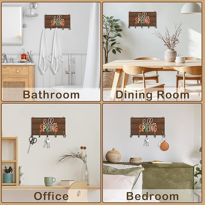 Rustic Spring Key Holder for Wall 10"x5.12", SeasonalSpring Key Hanger Wall Mount, Colorful Hello Spring Farmhouse Dark Brown Wooden Hanging Keys Holder Decor for Entryway Front Door（5 Hooks）