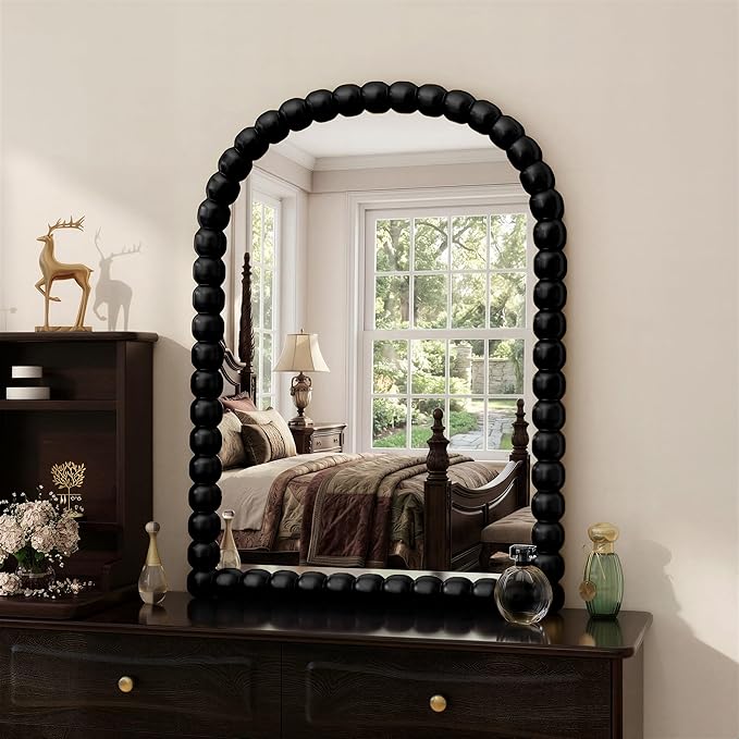 30"×38" Black Arched Bathroom Vanity Mirror, Vintage Beaded Decorative Wall Mounted Makeup Mirror, as Wall Decor Hanging Leaning for Fireplace Mantle, Living Room, Bedroom, Vanity Area