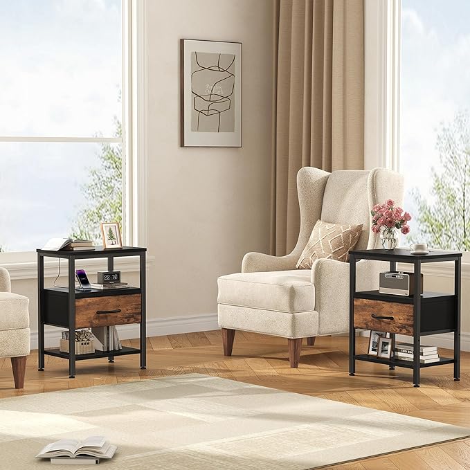 DUMOS Nightstand Set of 2 with Wireless Charging Station Bed Side Tables with Adjustable Fabric Drawers 3-Tier Storage End Tables Modern Design,Black and Brown