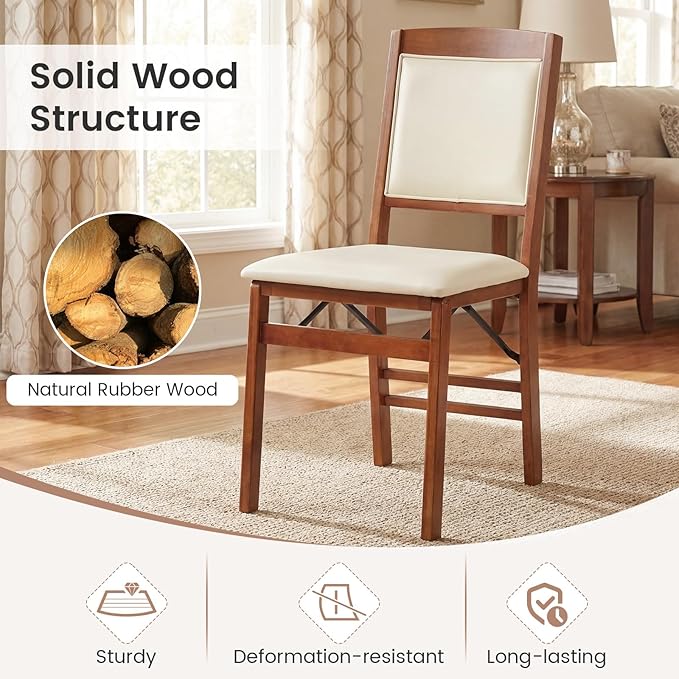 Giantex Folding Dining Chairs Set of 4, Wood Kitchen Chair w/Padded Seat, Solid Wood Frame, Max Load 400 Lbs, No Assembly, Easy to Store Foldable Wooden Dining Chairs for Apartment, Small Space