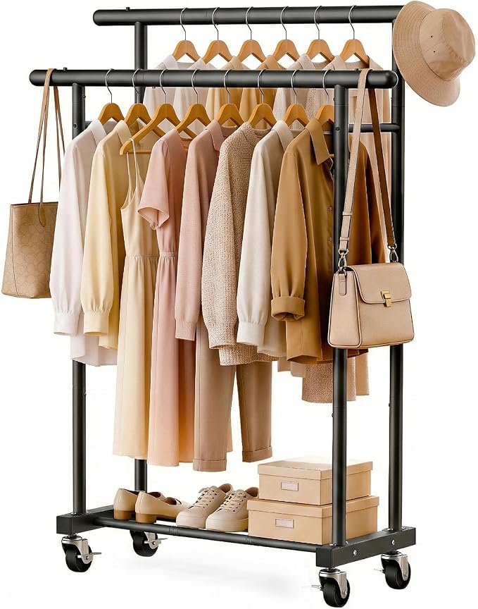 ViviDreamore Double Rods Clothes Rack, Rolling Clothing Rack for Hanging Clothes, Heavy Duty Metal Garment Rack, Multifunctional Coat Rack for Bedroom Laundry Living Room, Black