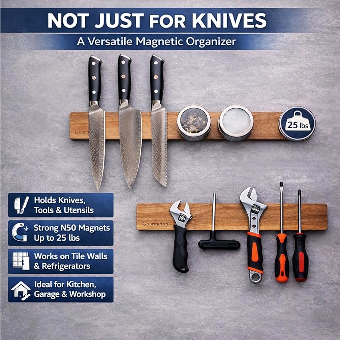 Magnetic Knife Holder for Wall, Acacia Wood Magnetic Knife Strip 16”, Strong N50 Knife Magnet Rack, No Drill 3M Adhesive or Screw Mount, Wooden Kitchen Knife Holder Organizer for Wall, Fridge, Kitchen