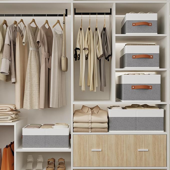 Storage Bins, 16.1 × 9.8 × 6.5 Inch Storage Cubes with Handles, Closet Organizers for Organizing Shelves, White and Grey, 6-Pack