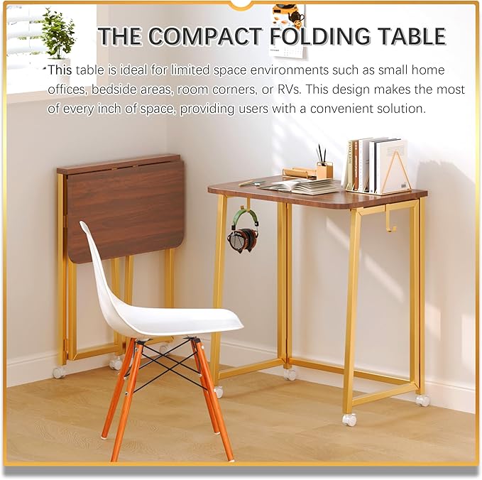 4NM 23.6" Mobile Small Folding Desk, Foldable Rolling Computer Home Office Desk, Study Writing Table for Small Space Saving Bedroom, with Wheels - Brown and Gold