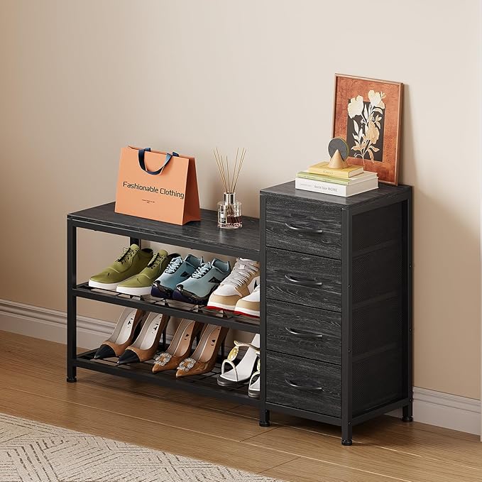 EXOTICA 3 Tier Entryway Bench Shoe Storage Bench with 4 Fabric Drawers Metal Frame and Wooden Board Shoe Rack Bench with Seat for Entryway Hallway Front Door Doorway
