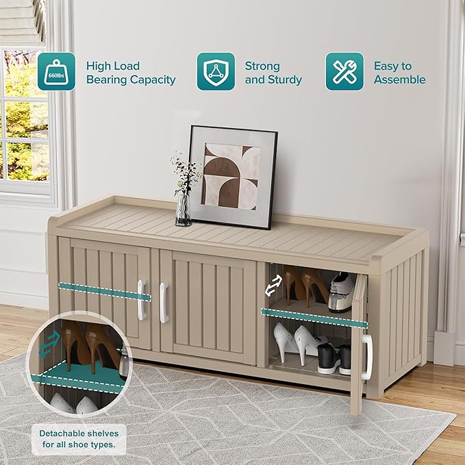DRATO Outdoor Shoe Storage Cabinet, Shoe Bench with Storage, Waterproof Resin Large Shoe Cabinet with Doors for Outdoor Indoor Entryway Hallway Bedroom (Gray, 3 Doors)