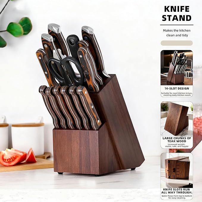 Teak Wood Knife Block Organizer, 14-Slot Kitchen Counter Storage Holder, Universal Design (Brown)