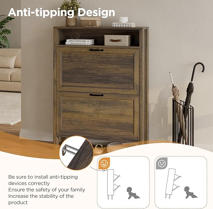 LOUVIXA Shoe Cabinet with 2 Flip Drawers, Narrow Shoe Storage Cabinet, Freestanding Shoe Cabinet Organizer, Hidden Shoe Rack Cabinet for Entryway, Hallway (2-Drawers, Brown/2-drawers)