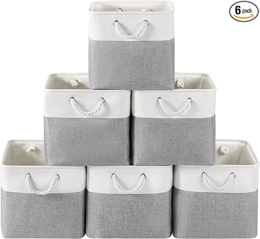 13 x 13 Inch Cube Storage Bins, 6 Pack Fabric Storage Basket with Handles, Foldable Boxes Organizer for Shelf Baskets for Home, Clothes (White/Grey)