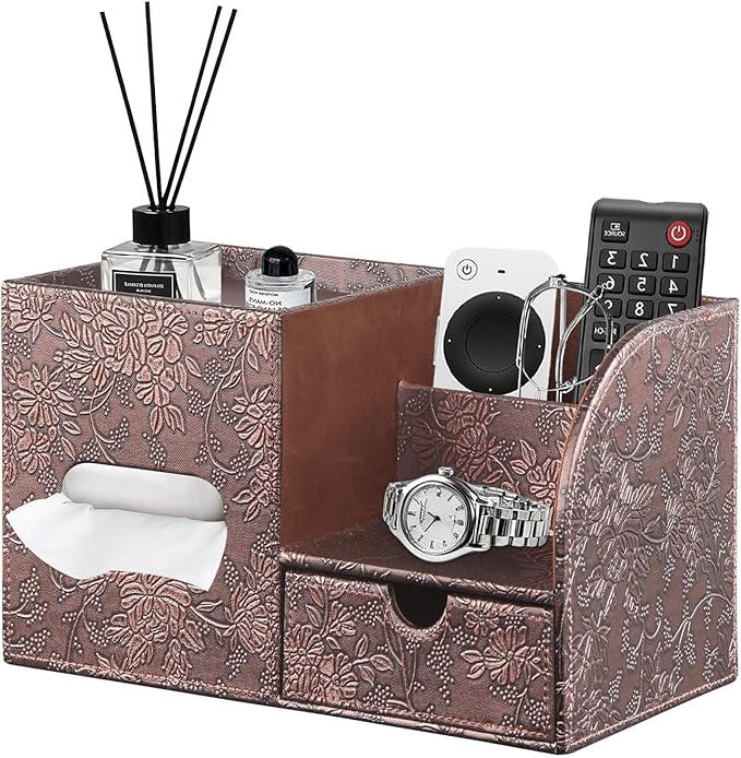 Square Tissue Box Cover with Drawer Storage and Tray on Top, PU Leather Tissues Cube Boxes Holder, Modern Nightstand Organizer Caddy, Remote Control Holder for Bathroom, Bedside, Office, Home
