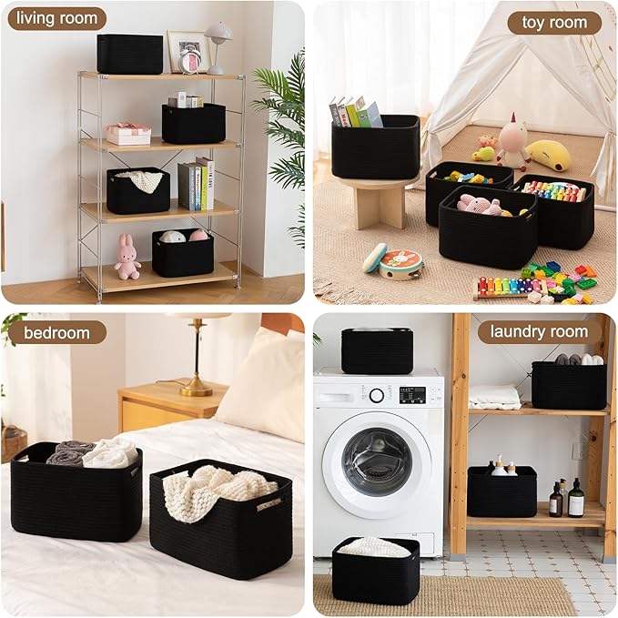 OIASKET Storage Baskets for Organizing, Woven Decorative Baskets for Shelves - Books, Towels, and Clothes, Cotton Rope Toy Storage Bins, 12.7''Lx9''Wx7.8''H, Pack of 4, Black
