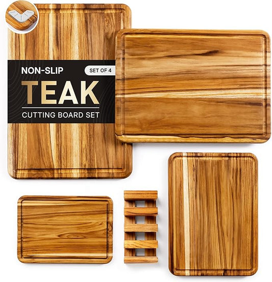 4 Pack Teak Cutting Board Set for Kitchen Heavy Duty Non Toxic Non Slip Solid Thick Wood Haus Chopping Board Extra Large Big Small Meat Best Wooden Charcuterie Board