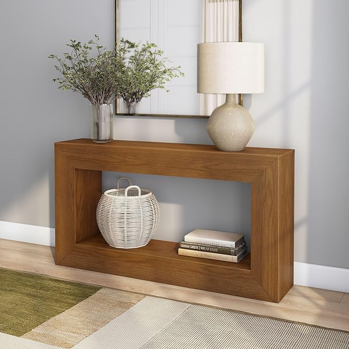 Plank+Beam Grande 56” Console Table with Bottom Shelf, Solid Pine Wood Entryway & Sofa Table, Pecan Wirebrush Finish