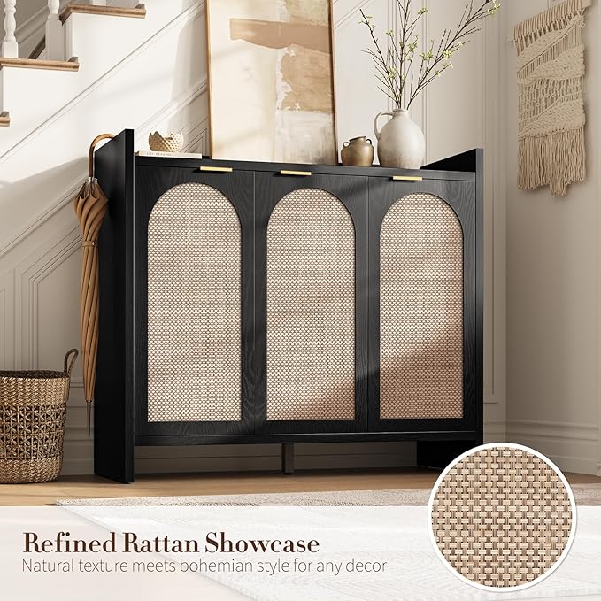 Shoe Cabinet Storage for Entryway - Rattan Accent Cabinet with 3 Doors & Adjustable Shelves, 6-Tier Large Wood Shoes Cabinets with Organizer Rack for Entry Way, Hallway, Living Room, Black
