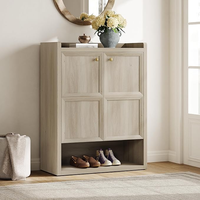 SICOTAS Shoe Cabinet Storage for Entryway - 24-Pair Shoe Cabinets with Doors and Adjustable Shelves, Farmhouse 33.9" Wide 7-Tier Shoes Storage Cabinet for Mudroom Closet Hallway, Grey White Oak