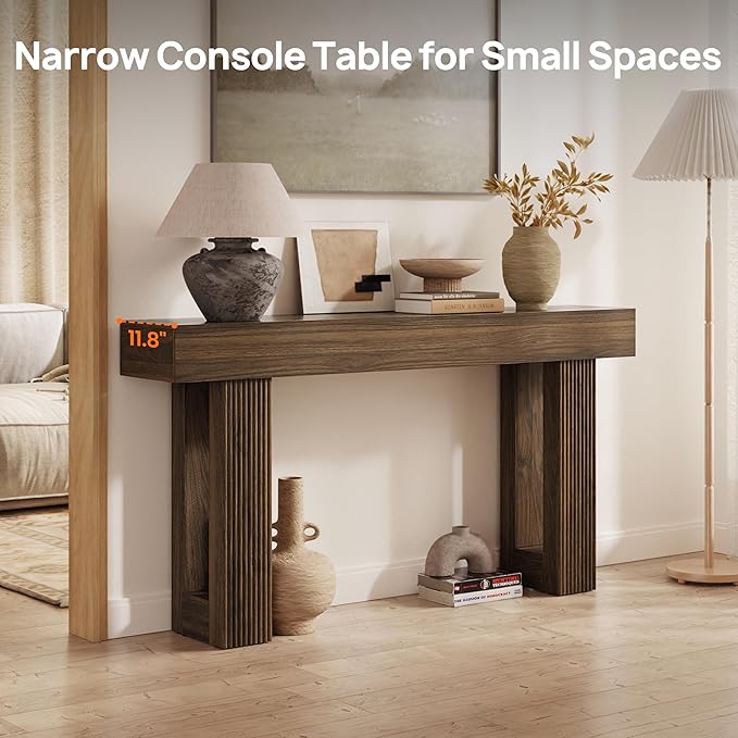 63" L x 33" H x 12" D Fluted Console Table, Ribbed Entryway Table, Mid Century Modern Japandi Sofa Table Behind Couch, Chunky Wood Hallway Table for Living Room, Walnut Brown