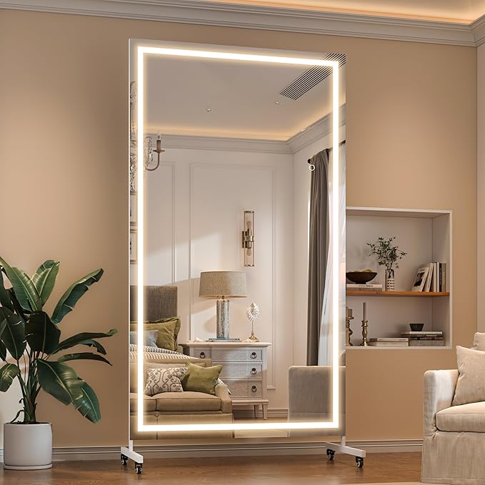 Hasipu Home Gym Mirror with Light 360° Swivel on Wheels, 71" x 36" Extra Large Full Length Rolling LED Mirror for Yoga Studio, Bedroom, Dancing Studio, White