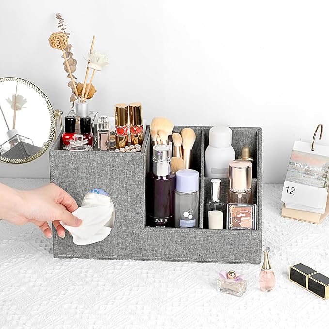 Sumnacon Square Linen Tissue Box Cover - Decorative Cube Tissue Cover with Side and Top Organizer, Modern Tissue Holder for Living Room Vanity Night Stand Table Countertop Office, Grey