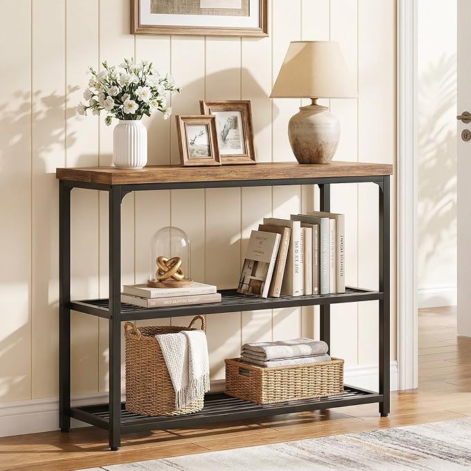 Besiost 32" Small Console Table with Storage, 3-Tier Industrial Narrow Entryway Table with Mesh Shelves, Sofa Table Behind Couch for Hallway Foyer Living Room, Sturdy Metal Frame, Rustic Brown